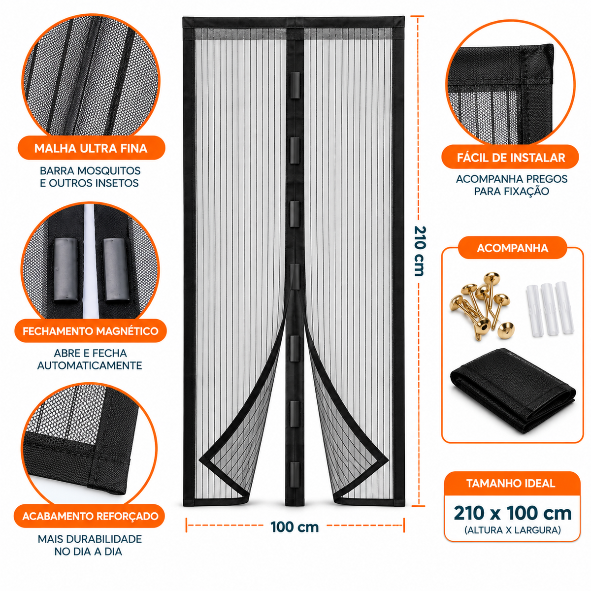 Kit 2 Tela Mosquiteira para Porta com Fecho Magnético 210x100cm - Fácil Instalação, Ventilada